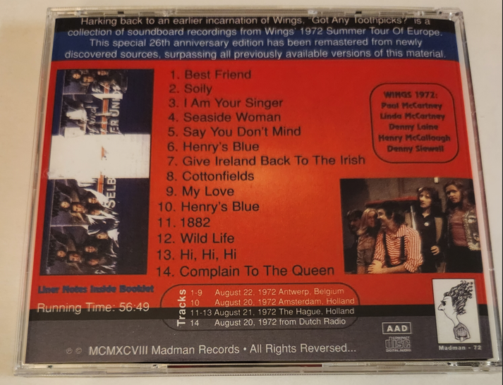 Paul McCartney: Got Any Toothpicks? - Antwerp, Belgium, August 22, 1972 + The Hague, Holland, August 21, 1971 (1CD) - Image 2