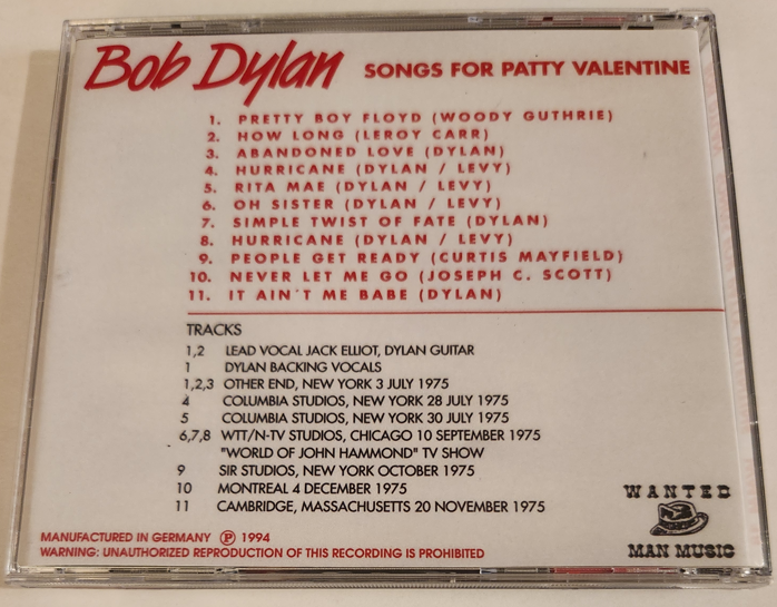 Bob Dylan: Songs For Patty Valentine - Other End, NY, July 3, 1975 + Columbia Studios, '75 + Chicago 9-10-75 Live Concerts (1CD) - Image 2