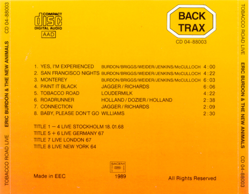 The Animals: Tobacco Road Live - Stockholm, Sweden, January 18, 1968 Live concert (1CD) - Image 2