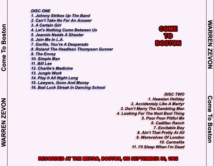Warren Zevon: Come To Boston - The Metro, Boston, MA September 29 or 30, 1982 Live Concert (2CD) - Image 2