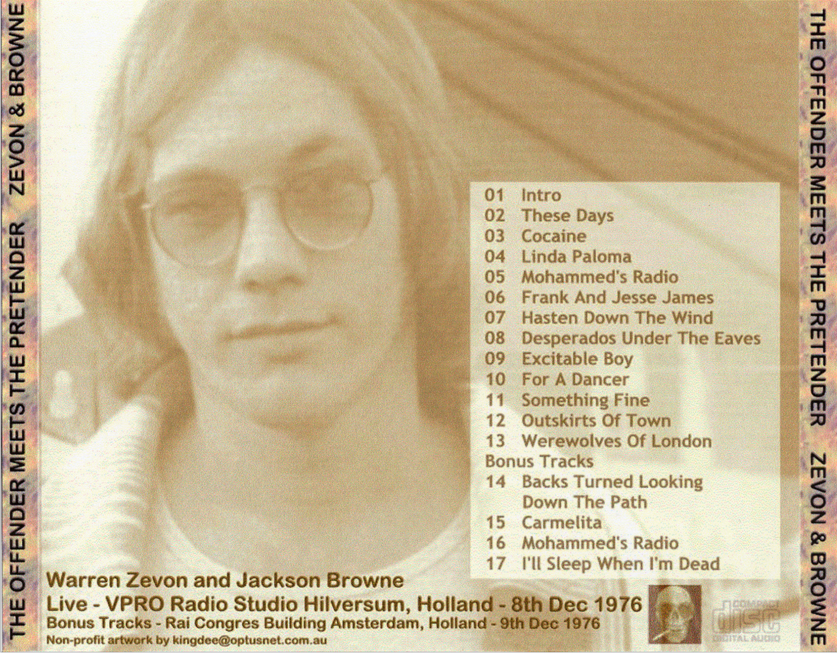 Warren Zevon w/ Jackson Browne: VPRO Radio Studio, Hilversum, Holland December 8, 1976 Live Concert (1CD) - Image 2