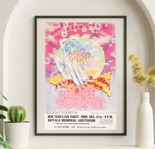 Alice Cooper w ZZ Top Buffalo Memorial Auditorium NY December 31 1973 – Live Concert Poster Wall Art Print - 254003