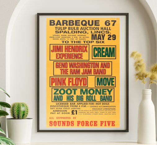 Jimi Hendrix w Cream Pink Floyd Tulip Bulb Barbeque Festival Spalding May 27 1967 – Live Concert Poster Wall Art Print - 256012